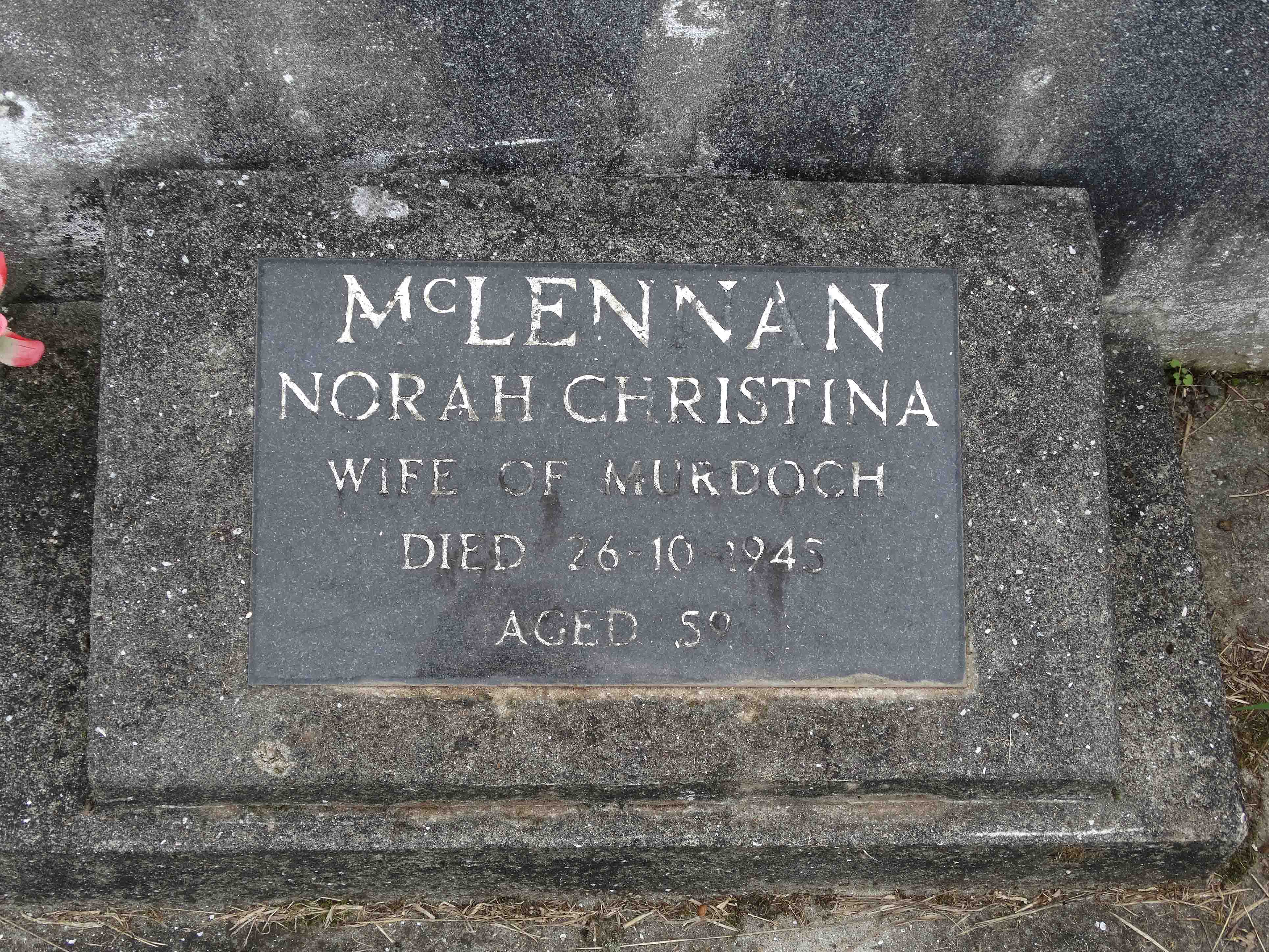 Photo of headstones/Norah Christina McLennan d1945 nee Stirling hdstn Totara Mem Pk Thames